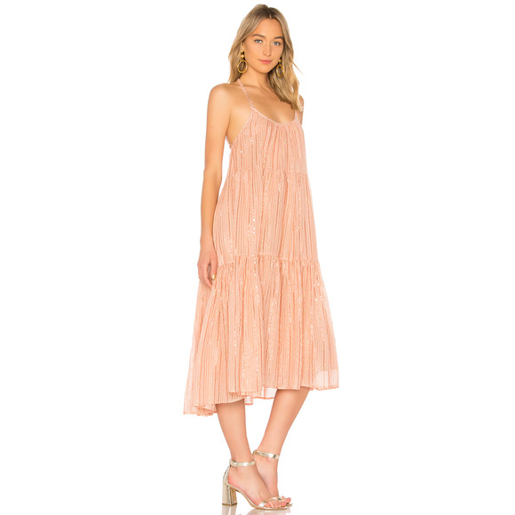 Ulla Johnson S Samara Cotton Low Back Tent Midi Dress Metallic Stripe Peach Pink - Picture 10 of 10